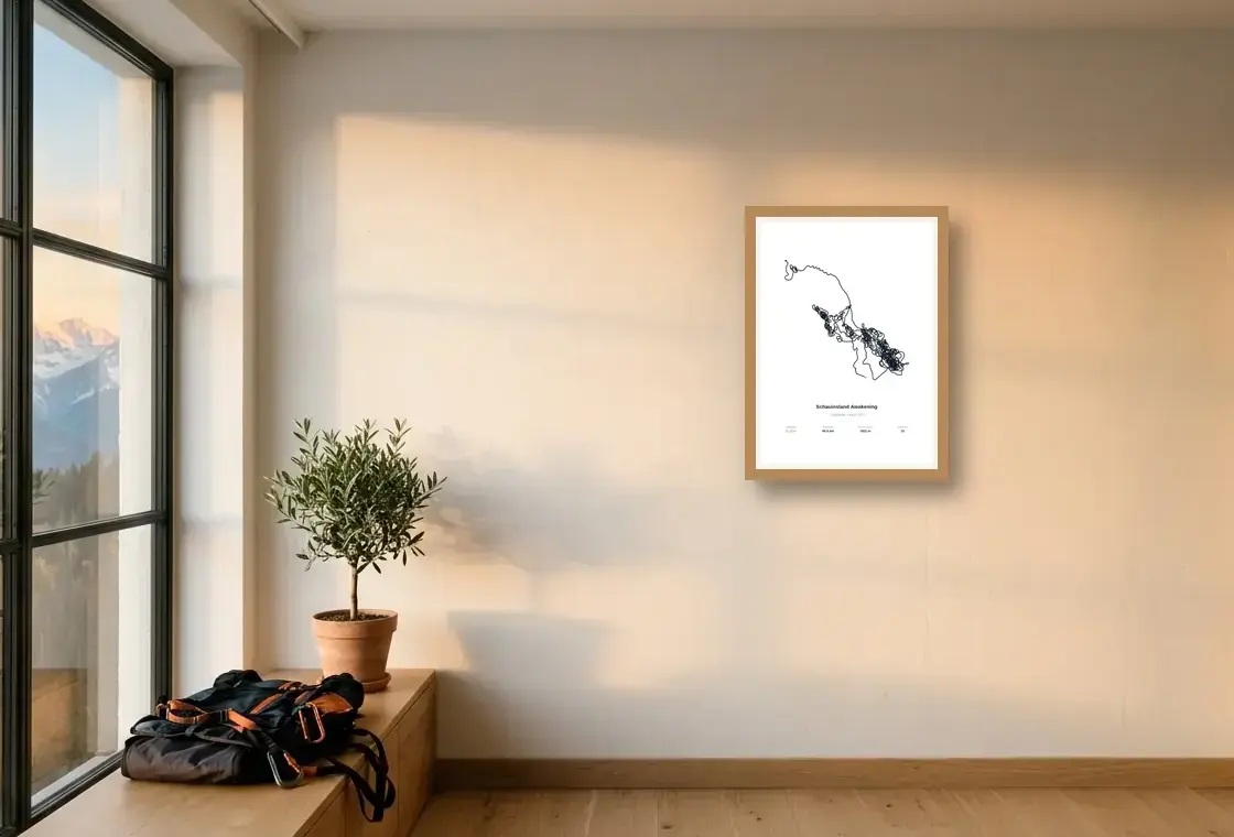 Ein echtes Flight-Art-Poster in einem illustrativen Alpenapartment bei Abendlicht.