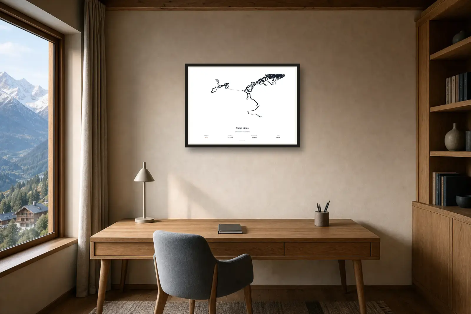 Ein Flugposter als Höhenskulptur über einem Schreibtisch aus Eiche.